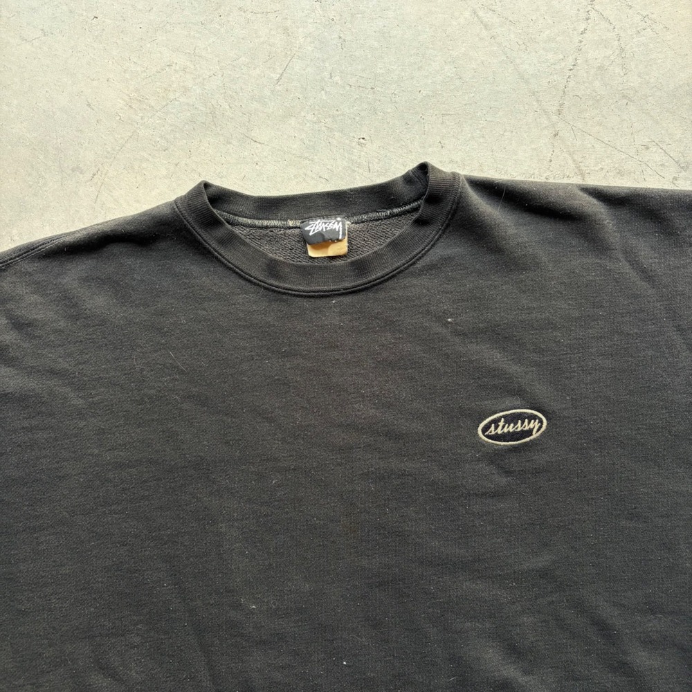 Vintage 90s Stussy Oval Logo Sweatshirt Mens Large Faded Black Distressed Crew